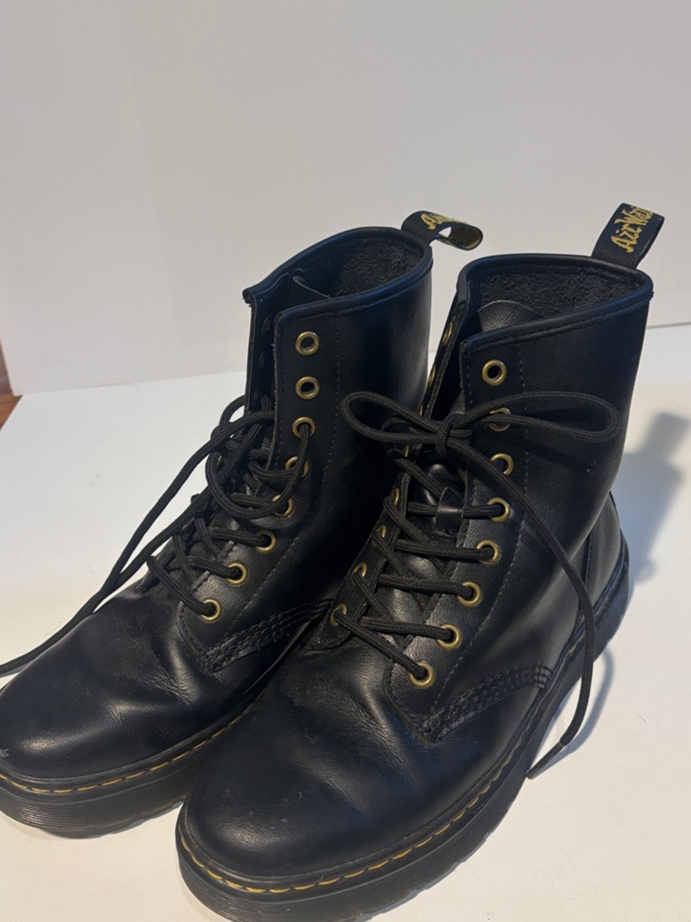 Dr. Martens Zavala Black Leather 8-Eye Lace-Up Boots with Yellow Stitching